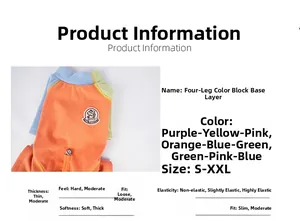 Size chart for color-blocked pet jumpsuit with orange body and blue ribbed neckline