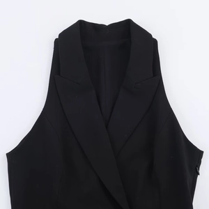 Robe blazer noire sans manches pour femmes avec col à revers et fermeture éclair latérale