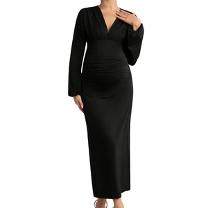 Slim fit black long sleeve V-neck maternity maxi dress with side ruched detailing