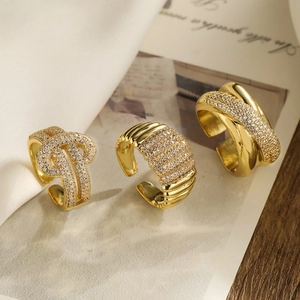 Women Open Ring 18K Gold Plated Copper Cubic Zirconia Adjustable Geometric Minimalist Luxury Fashion Jewelry