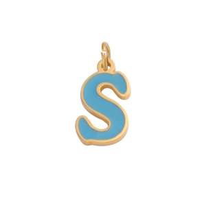 Detail of golden stainless steel S-letter pendant with blue enamel fill and polished finish
