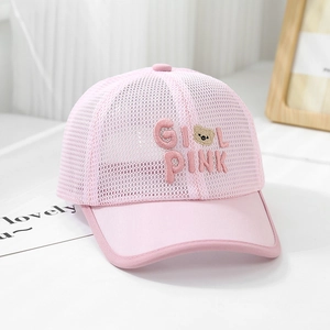 Close-up of pink mesh cap featuring girl pink text and bear head embroidery detail