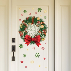 Sticker mural couronne de Noël avec flocons pour porte en verre et décor de fête maison