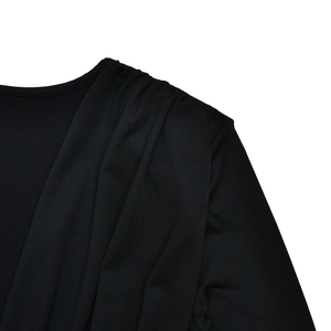 Detail of shoulder pleats and fabric texture on a black deep V-neck long sleeve bodysuit