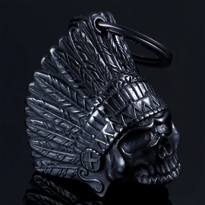 Detailed view of stainless steel Indian skull pendant with intricate feather carvings