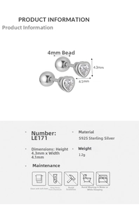 Detailed size specifications for S925 sterling silver heart stud earrings with dimensions
