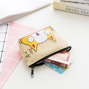 Beige canvas coin purse with cute cartoon cat pattern and black zipper closure