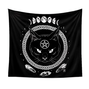 Gothic black cat tapestry with moon phases and pentagram for room wall decoration