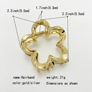 Detailed size chart showing gold flower metal hair claw clip dimensions and 21g weight