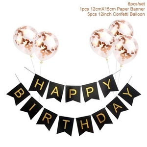 Detail of rose gold birthday set with 5 confetti balloons and happy birthday banner