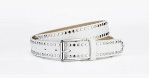 Detailed view of white punk PU leather belt with double-row silver studs and polished buckle