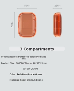 Compact orange 3-compartment medicine box with food-grade silicone seal, size 70x50x26mm