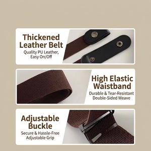 Adjustable brown elastic belt with PU leather ends and metal snap for easy wear