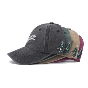 Washed cotton baseball cap with hummingbird embroidery and letter details in four colors