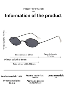 Detailed dimensions of retro oval metal sunglasses with slim frames and PC lenses