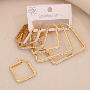 Detailed set of gold stainless steel square hoop earrings with sparkling cubic zirconia