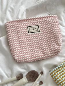 Pink and white bubble knit large capacity makeup bag with zipper and logo patch