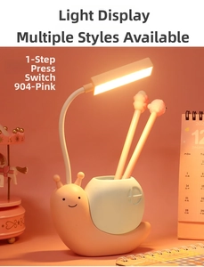 Pink snail LED desk lamp showing one-button switch and flexible neck design