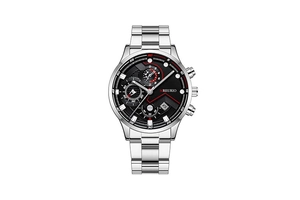 Detalle del reloj MREURIO para hombre con esfera cronógrafo negra y correa de acero