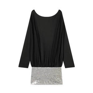 Women's black long sleeve dress featuring stylish silver sequin patchwork hem detail