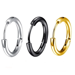 Titanium steel hoop earrings in silver, black, and 18K gold finishes for a unisex hip hop style