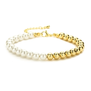 Elegant half pearl and half gold metal bead adjustable bracelet with lobster clasp