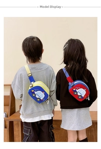 Rear view of children wearing cartoon police car waist bags with adjustable straps