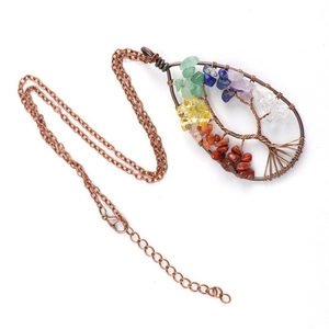 Copper tree of life teardrop necklace with colorful natural crystal stones and chain