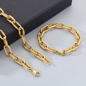 Polished 18K gold-plated stainless steel chunky O-chain necklace and bracelet set
