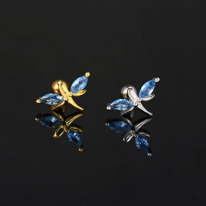 Dragonfly zircon cartilage studs in gold and silver finish with blue crystal wings