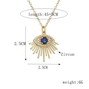 Detailed size chart of gold evil eye necklace with blue zircon and product dimensions