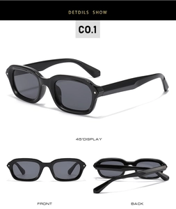 Detail view showing black square punk sunglasses with star rivets from multiple angles