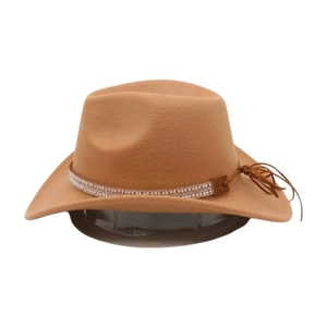 Detailed view of brown felt fedora hat featuring white beaded band and leather knot detail