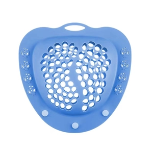 Blue heart-shaped silicone foot massage mat with drainage holes and suction cups