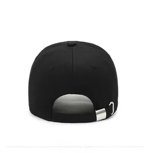 Rear view of black cotton baseball cap with adjustable metal buckle and twill texture