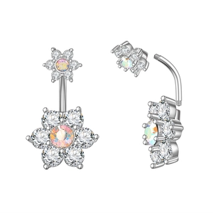 Detailed view of silver flower navel ring with zircon and opal stones and screw thread