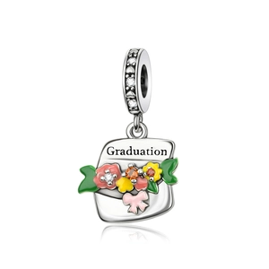 Silver graduation charm with colorful enamel flowers and engraved Graduation text