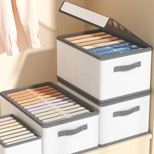 Stackable fabric wardrobe organizers with grey trim for neat clothing storage