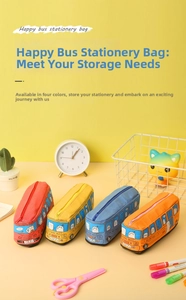Detail of colorful cartoon school bus pencil cases with large storage capacity for students