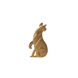 Vintage style gold cat brooch with intricate metal engraving on a clean white background