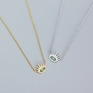 Exquisite 925 sterling silver evil eye pendant necklace with green crystal and diamonds