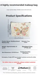 Detail showing butterfly floral makeup bag dimensions 17x25cm with zipper and linen texture