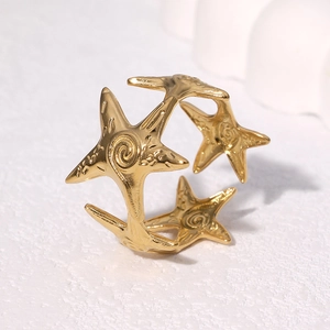 18K gold plated stainless steel open ring featuring a unique 3D starfish design