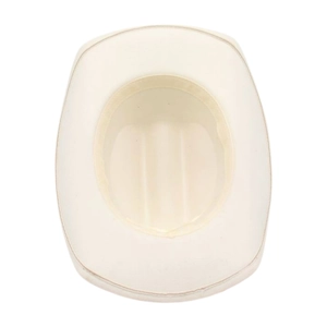 Top view of white felt cowboy hat showing internal sweatband and rigid wide brim structure