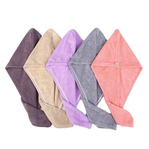 Thick coral fleece hair drying towels in five colors with cute bear button fasteners