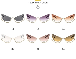 Matrix display of six stylish cat-eye sunglasses in various colors and chain frames