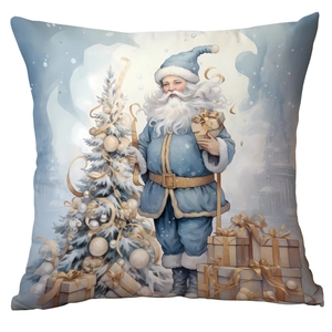 Vintage Christmas pillow cover featuring blue Santa Claus and decorated snowy tree
