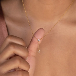 Elegant 14k gold plated silver Y-necklace featuring round and marquise cut gemstones