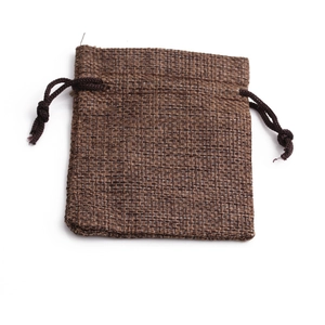 Brown burlap drawstring pouch with natural linen texture on a clean white background
