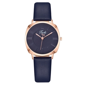 Elegant ladies' square quartz watch with rose gold case and deep blue leather strap